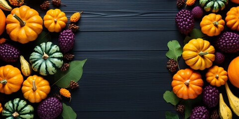 Sticker - A symphony of autumnal colors, with vibrant pumpkins, gourds, and foliage arranged on a dark wooden background.  The composition creates a visually appealing and festive backdrop for fall decor.