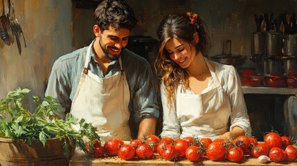 Wall Mural - Couple Preparing Tomatoes in a Kitchen