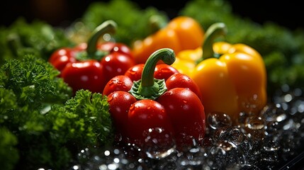 Sticker - A vibrant composition of red and yellow peppers with dewy droplets resting on a bed of ice and a blurred background of green foliage