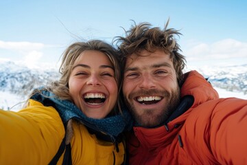 A joyful couple in vibrant ski jackets smiles while enjoying a moment in a picturesque snowy landscape, capturing the essence of adventure, warmth, and togetherness.