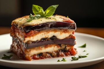 A close-up of a delicious eggplant parmesan dish with melted mozzarella cheese, tomato sauce and fresh basil leaves.