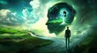© schmidt - Illustration concept of nature freedom dream success brain & hope , ambition idea artwork, surreal painting man with happiness in landscape nature in door , conceptual illustration that depicts the