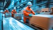 © CinimaticWorks - warehouse workforce in motion, handling cargo boxes with speed and skill, ensuring efficient operations and logistics management in a fast-paced shipping environment