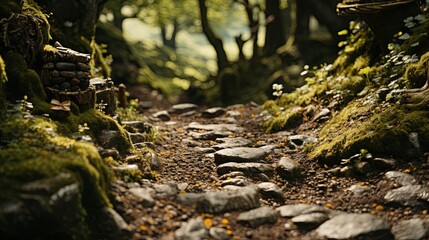 Sticker - A moss-covered stone path leading through a dense forest, dappled sunlight filtering through the leaves, revealing a glimpse of a serene clearing beyond