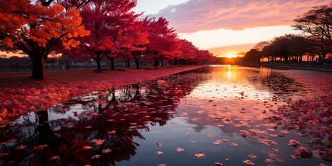 Wall Mural - A Serene Reflection of Crimson Hues Against a Pastel Sky, Where Nature's Palette Meets the Tranquil Waters of a Stream, Embracing the Gentle Essence of the Golden Hour