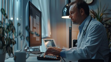 Aufkleber - A man in a white lab coat is typing on a computer