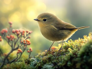 Sticker - Tiny Green Bird Perched on Mossy Branch