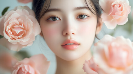 Aufkleber - 美肌の若くて可愛いアジア人女性の美容ポートレート。ピンク色の綺麗なバラに囲まれたビューティーショット。