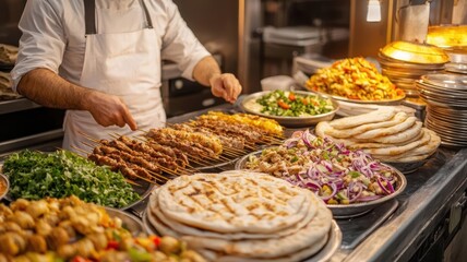 Halal food stall at a bustling bazaar, skewers, shawarma, and flatbreads on display, warm golden glow from the lamps, Islamic decor surrounding, Halal bazaar food, Vibrant culture