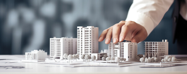 A person examining a detailed architectural model of a modern urban development on a workspace during daylight hours