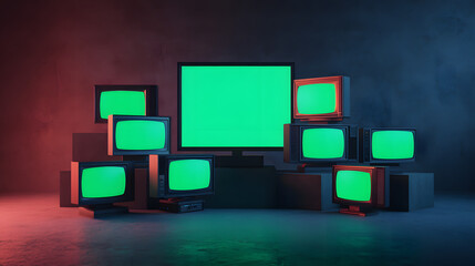 Poster - 3d rendered stack of classical old televisions, aged green screen tv monitors, panorama vintage chrome key TVs, vintage minimal 3d style element cinematic red lighting composition dynamic scene