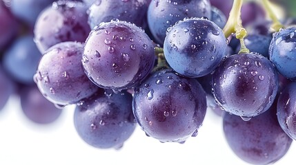 Poster - Closeup of wet,ripe purple grape cluster with dewdrops on the grapes,hanging on the grapevine in a natural,agricultural setting.