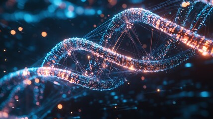 Poster - A vibrant digital representation of a DNA double helix, showcasing intricate details with glowing elements against a dark backdrop.
