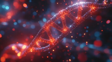 Poster - A vibrant, abstract representation of a DNA strand, highlighted with glowing particles in blue and red against a dark background.