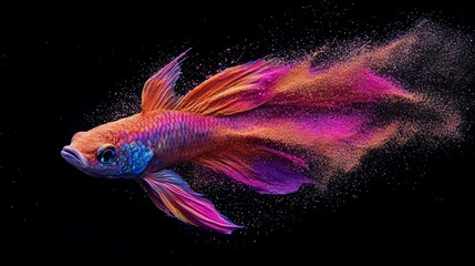 Poster - A vibrant fish swims through a dark background, with colorful trails of particles creating a dynamic, fluid motion effect.