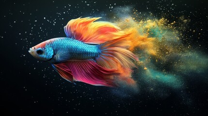 Poster - A vibrant betta fish swims gracefully, its colorful fins creating a mesmerizing trail of particles in an aquatic scene.