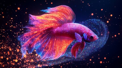 Poster - A vibrant, colorful betta fish swims gracefully through a shimmering, sparkling underwater scene.