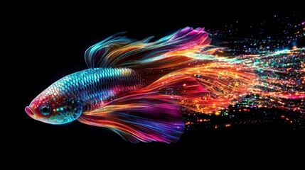 Poster - A vibrant, colorful fish swims gracefully, its flowing fins creating a stunning visual display against a dark background.