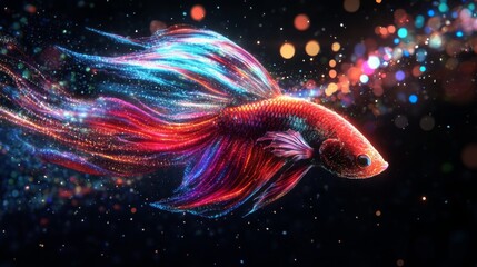 Poster - A vibrant, colorful fish glides through a mystical, sparkling underwater scene, showcasing a blend of flowing digital light and dynamic movement.