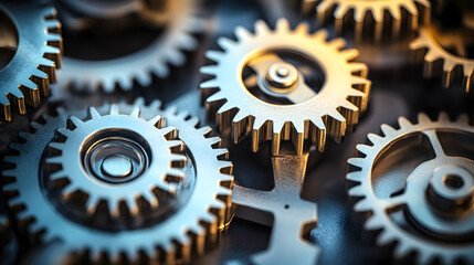 Close-up of interconnected metallic gears symbolizing teamwork, strategy planning, and business process optimization, perfect for illustrating engineering, mechanics, and technology concepts