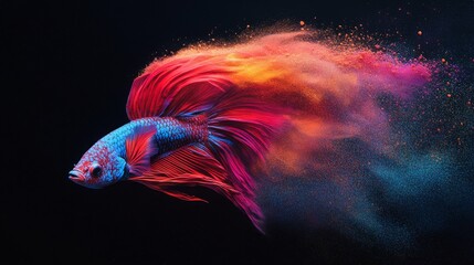 Poster - A vibrant betta fish swims gracefully through a colorful, abstract backdrop, showcasing dynamic movement and a striking blend of colors.