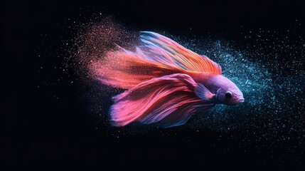 Aufkleber - A vibrant betta fish swims gracefully through water, showcasing its colorful fins and scales against a dark background.