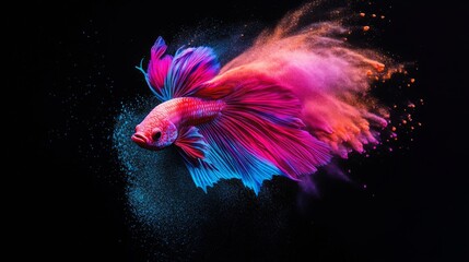 Poster - A vibrant fish swims through a dark background, surrounded by colorful swirls of paint-like splashes, creating a stunning visual display.