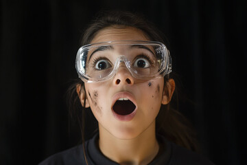 Hispanic girl with soot on her face and lab glasses on, standing against a black backdrop, her expression one of surprise and delight.