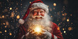 © Oleksandr - Stunning wide shot of a smiling Santa Claus holding a glowing magical light, with a magical Christmas background featuring lights and sparkles