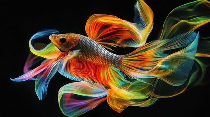 Poster - A vibrant, colorful fish swims gracefully, displaying intricate fins and bright hues against a dark background.