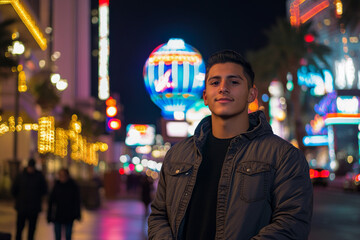 A young adult Hispanic man poses confidently outside a glamorous casino, with iconic Las Vegas neon lights illuminating the scene. The clear night sky complements the modern architecture, creating an