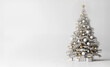 © Imagination Stock - Silver Christmas tree decorated with silver and gold decorations and Christmas gifts on a white background. New Year card with copy space for text and snowflakes falling.