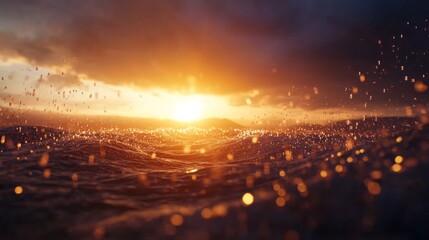 Poster - A powerful wave crafted from metallic numbers rises dramatically under a stormy sky, illuminated by the setting sun, symbolizing data's dynamic movement and reflective nature