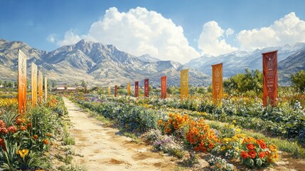 Sticker - Colorful Field with Mountain Background