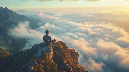 A man enjoying a peaceful moment on a mountaintop, taking in the vast view of the landscape and the clouds below