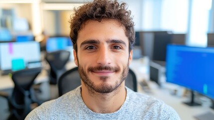 Poster - Joyful office worker, enthusiastic software designer, confident leader, bright smile reflecting success and positivity in a collaborative workplace environment.