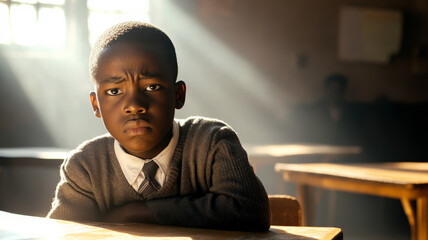 A Black schoolboy in uniform, sitting at his desk, looking upset as the sunlight beams through the classroom window, creating soft shadows on his face. His expression shows frustration.