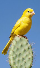 Wall Mural - A bright yellow canary perched on a prickly pear cactus against a clear blue sky.