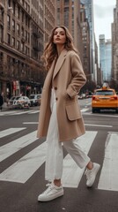 Poster - A woman wearing a tan coat and white pants walks across a crosswalk in a city