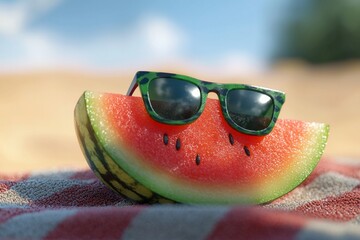 A watermelon slice wearing cool sunglasses, relaxing on a beach towel under the sun.