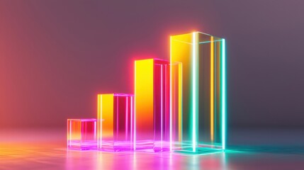 Poster - A bar chart made of glowing, floating cubes, with one bar highlighted in bright colors standing above the rest, performance comparison in benchmarking