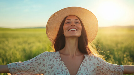 A joyful Caucasian woman wearing a sun hat, standing in a wide field under bright sunlight, the lens capturing the open expanse of the scene.