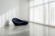 © grey - An all-white room with a polished concrete floor and a single, navy-blue sofa inside the room, window with sheer curtains.