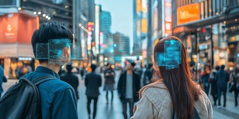 Poster - A man and woman are walking down a busy city street with a blue screen on their heads. The scene is bustling with people and the blue screens seem to be some sort of futuristic technology
