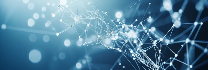 Poster - A blue and white image of a network of lines and dots. Concept of complexity and interconnectedness, as the lines and dots seem to be interwoven and overlapping