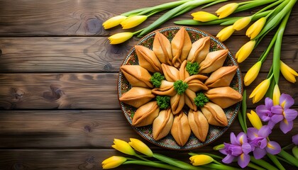 Wall Mural - Azerbaijani Novruz Celebration: Traditional Shekerbura and Pakhlava on a Decorative Plate Surrounded by Spring Flowers on a Rustic Wooden Background