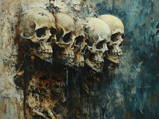 Sticker - Five Skulls: A Dark and Haunting Still Life Painting