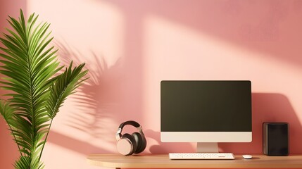 Wall Mural - Front view of an working interior with colorful empty room, computer、green plant、headphones on the table, minimal design, 3d rendering. 