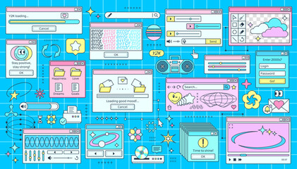 Y2k computer pc windows, retro page interface, vector UI. Old desktop computer screen icons, y2k vaporwave browser windows, error warning message, aesthetic software dialog and chat boxes