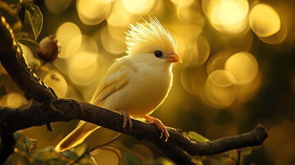 Wall Mural - A small white bird with a yellow beak sits on a branch with a soft golden bokeh background.